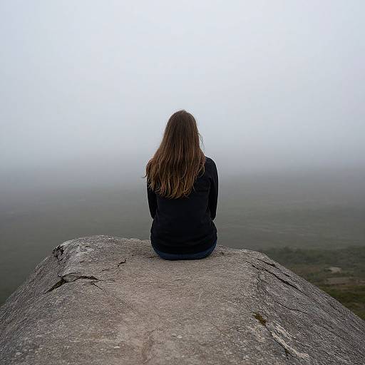Photograph of a woman with long brown hair, wearing a black jacket, sitting on a large rock, facing a foggy, expansive landscape.