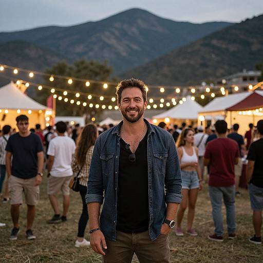 Photograph of a smiling, bearded man in a denim shirt and black shirt, standing at an outdoor evening event with string lights, mountains, and