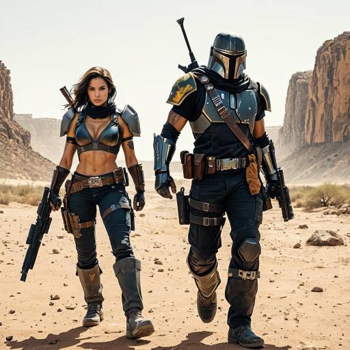 Futuristic Bounty Hunter Duo in Desert Wasteland