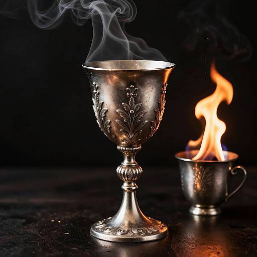 Photograph of a silver, intricately patterned goblet with rising smoke, beside a small, lit silver cup with a vibrant flame, set against