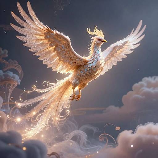 Digital artwork of a radiant, golden phoenix with glowing wings soaring through a dreamy, cloud-filled night sky, surrounded by sparkling light.