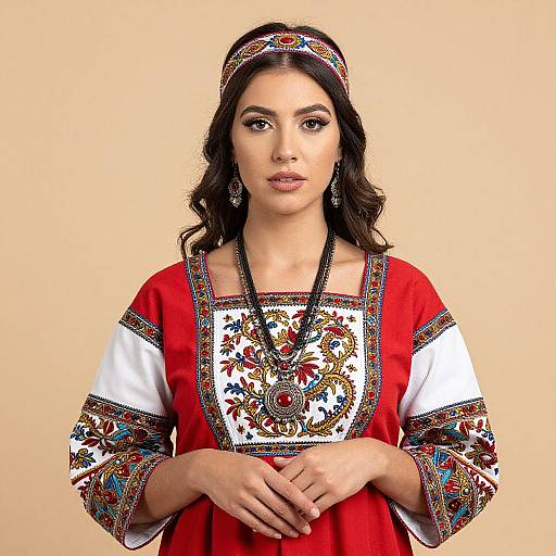 Photograph of a Middle Eastern woman with dark hair, wearing a red and white embroidered traditional dress, matching headscarf, and detailed necklace, standing