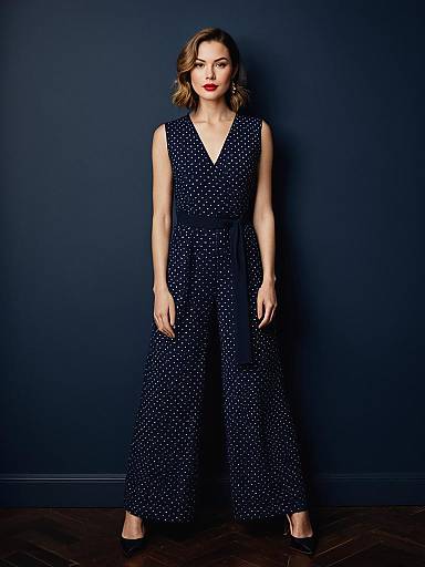 Elegant Woman in Navy Blue Polka Dot Jumpsuit