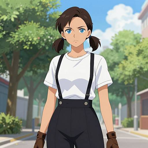 Digital anime-style drawing of a serious young woman with blue eyes, black pigtails, wearing a white shirt, black suspenders, and brown gloves