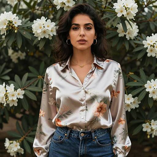 Woman in Floral Satin Shirt