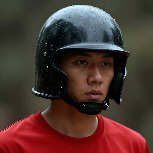 Photograph of a serious Asian man wearing a wet black motorcycle helmet and red shirt, with blurred forest background.