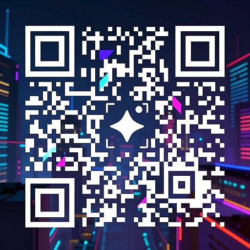 Pixelated QR code with neon cityscape background: vibrant blue, pink, and purple lights on skyscrapers, creating a futuristic, cyberpunk atmosphere