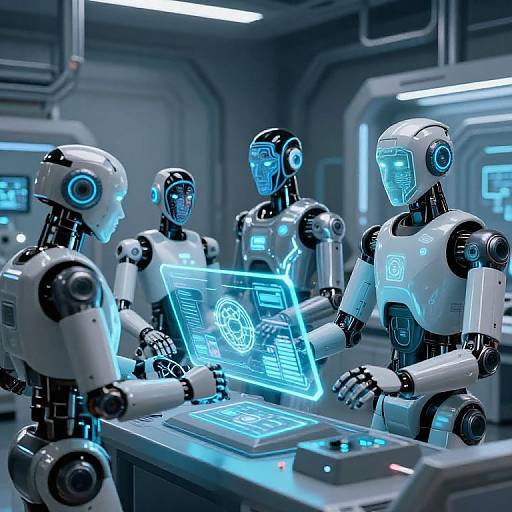 Photorealistic CGI of four futuristic humanoid robots in a high-tech lab, interacting with glowing blue holographic screens on a sleek table.