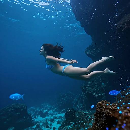 Photograph of a woman with long dark hair, wearing a blue bikini, swimming underwater beside a rocky reef, surrounded by glowing blue fish.