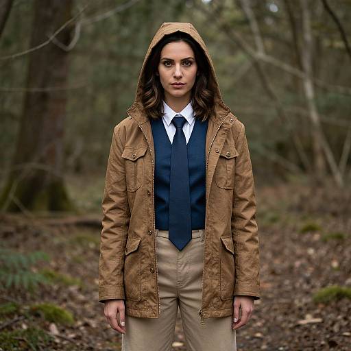 Photograph of a serious woman with long brown hair, wearing a brown hooded jacket, navy vest, white shirt, black tie, and beige pants