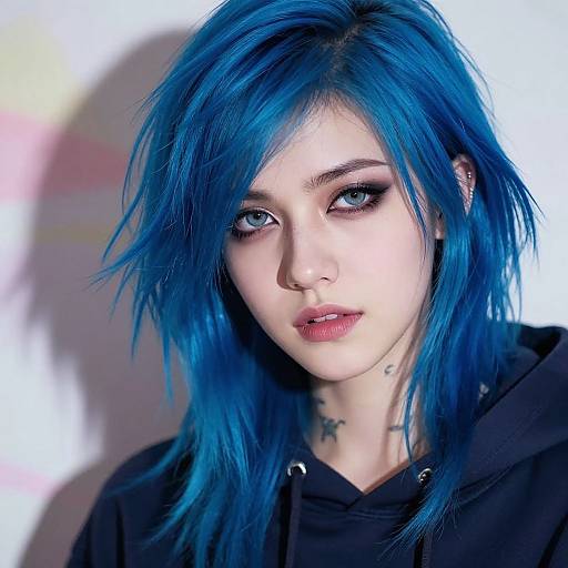 Photograph of a young woman with vibrant blue hair, pale skin, and blue eyes, wearing a black hoodie, with subtle tattoos visible on her neck