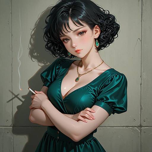 Woman in Green Dress with Jewelry and Cigarette