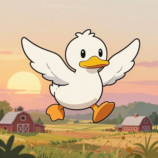 Cartoon duck with outstretched wings flying over a picturesque sunset farm with red barns and green fields. Digital illustration.