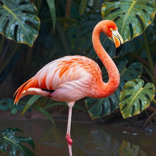 Photograph of a vibrant pink flamingo with orange and white feathers, standing on one leg in a lush, tropical setting with large green monstera