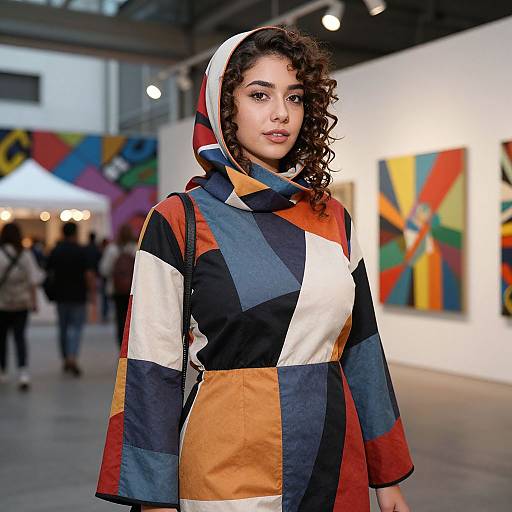 Photograph of a curly-haired woman with medium brown skin wearing a colorful geometric-patterned hoodie, standing in an art gallery with blurred paintings in the background