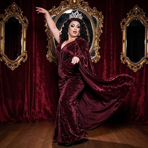 Photograph of a curvy, dark-skinned woman in a deep burgundy, velvet gown, crowned with a silver tiara, posing dramatically against
