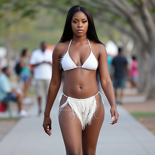 Confident Black Woman in Feathered Bikini