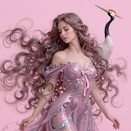 Digital art: ethereal woman with long, wavy silver hair in a shimmering pink dress, adorned with star-like sparkles, stands gracefully beside
