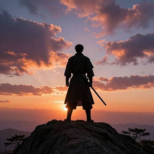 Silhouetted samurai stands on rocky peak, holding sword, against vibrant sunset sky with orange and purple clouds. Epic, serene landscape.