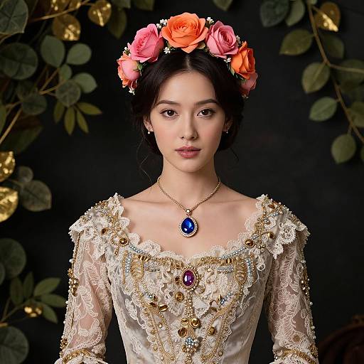 Photograph of an Asian woman with fair skin, black hair in an updo, wearing a white lace dress with gold embroidery, orange flower crown,