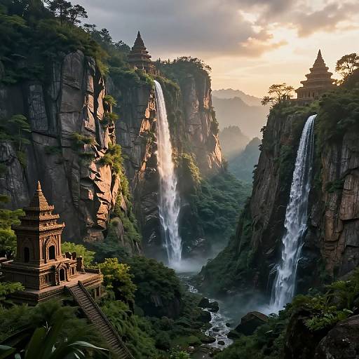 Photograph of a stunning, misty valley with towering cliffs, two cascading waterfalls, and ancient, intricately designed stone temples nestled among lush