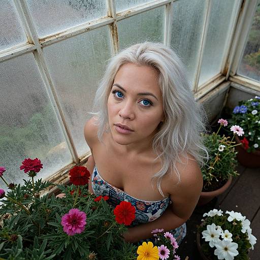 Photograph of a fair-skinned, blonde woman with blue eyes, wearing a strapless floral dress, surrounded by colorful flowers, in a dusty greenhouse