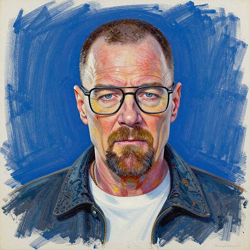 Digital portrait of a middle-aged man with short brown hair, glasses, beard, wearing a denim jacket over a white shirt, against a vibrant blue background