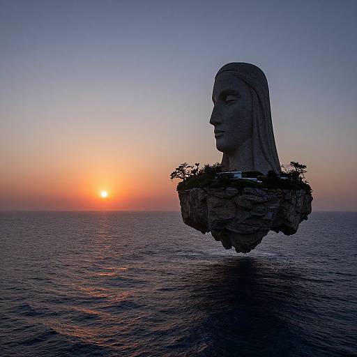 Photograph of a massive, floating stone head with a serene expression, set against a vibrant sunset over calm ocean waters.