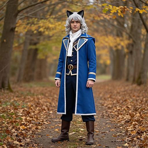 Photograph of a person in a blue coat with white trim, black pants, brown boots, white hair, and black cat ears, standing on a