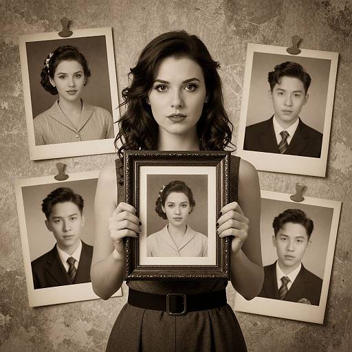 Photograph of a dark-haired woman holding a framed black-and-white portrait, surrounded by five identical black-and-white photos of a man on a textured,