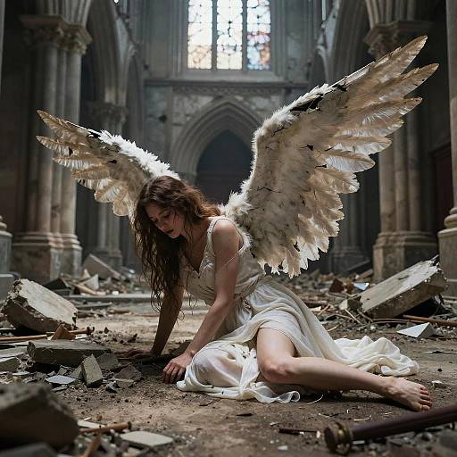 Tormented Fallen Angel in Crumbling Cathedral