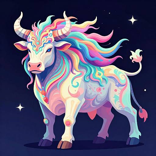 Digital art of a vibrant, mythical white bull with rainbow-colored mane, horns, and markings, standing against a dark blue starry background.