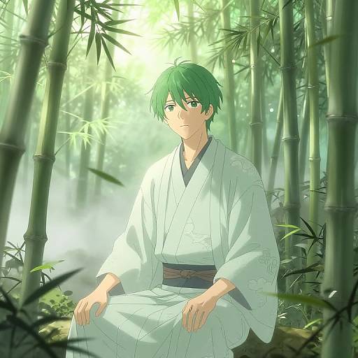 Anime-style digital art of a green-haired man in a white kimono, sitting in a sunlit bamboo forest, with soft light filtering through.