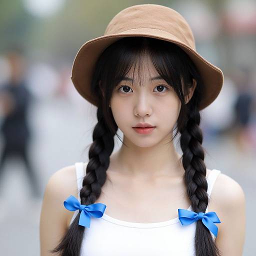 Photograph of an Asian girl with black braids, blue bows, brown hat, white dress, and soft expression, blurred urban background.