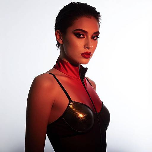 Photograph of a confident woman with short dark hair, wearing a shiny black leather bustier and red high-neck collar, backlit with dramatic red and