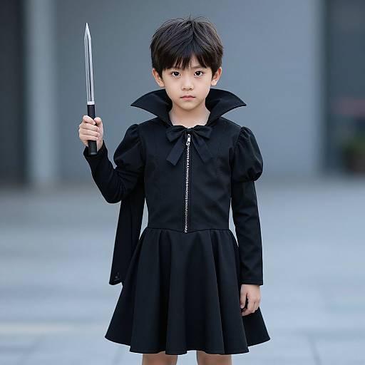 Photograph of an Asian child with short black hair, wearing a black dress with a high collar, holding a knife in their right hand, standing in