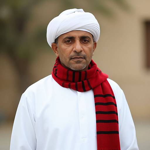 Photograph of a Middle Eastern man with medium brown skin, wearing a white turban, white traditional shirt, and red striped scarf, standing against a