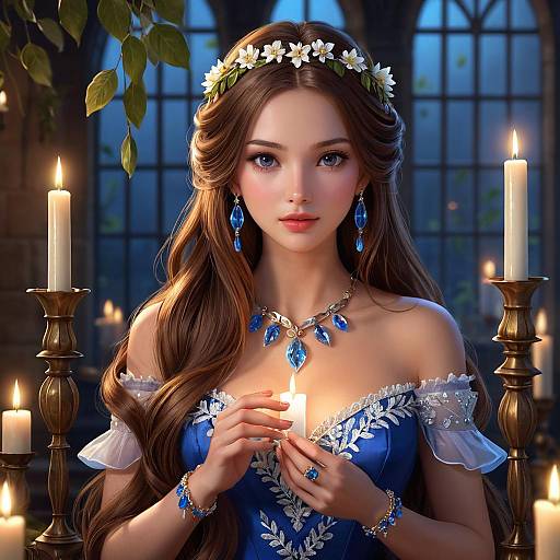 Elegant Woman in Blue Dress Holding Candle