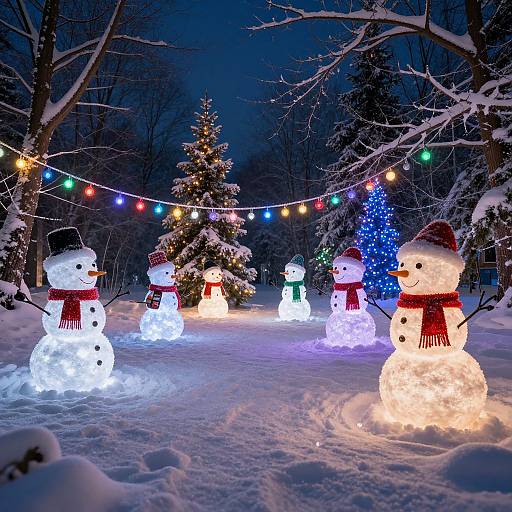 Photograph of a snowy forest at night, featuring glowing snowmen and Christmas trees, colorful string lights, and illuminated holiday decorations.