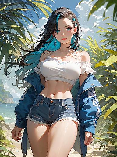 Stylish Young Woman in Daisy Duke Shorts at Beach