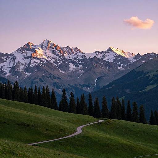Photograph of a mountainous landscape at sunset, featuring snow-capped peaks illuminated by pink and orange light, dark pine trees, and a winding trail