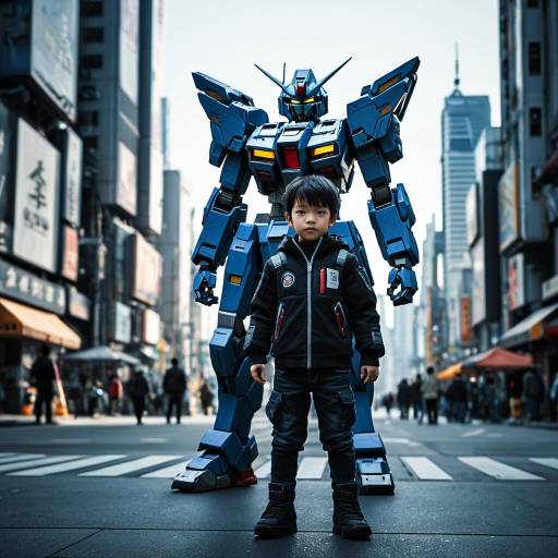 Child with Gigantic Gundam in Cyberpunk City