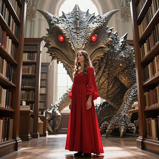 Photograph-style digital art: A young woman in a red dress stands in a library aisle with a large, menacing dragon featuring red eyes behind her.