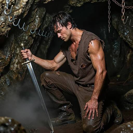 Heroic Warrior in Foggy Cave Setting