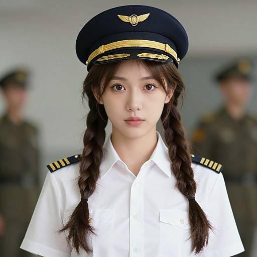 Photograph of an Asian woman in a naval officer uniform with a black cap, braided hair, white shirt, and gold insignia, standing in