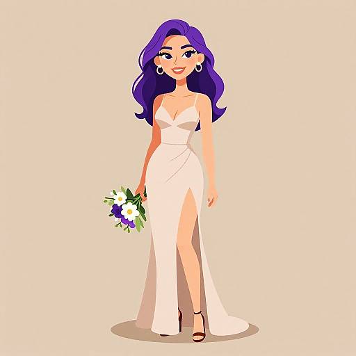 Digital illustration of a smiling woman with long purple hair, wearing a white strapless gown with a high slit, holding a bouquet of colorful flowers, standing