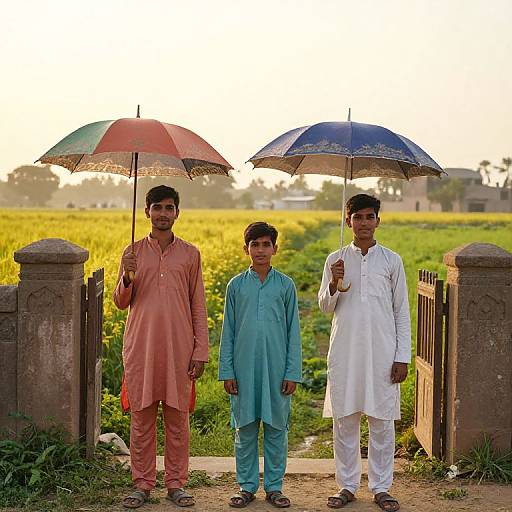 Photograph of three South Asian men standing in a field, holding colorful umbrellas, wearing traditional shalwar kameez, under a sunset sky
