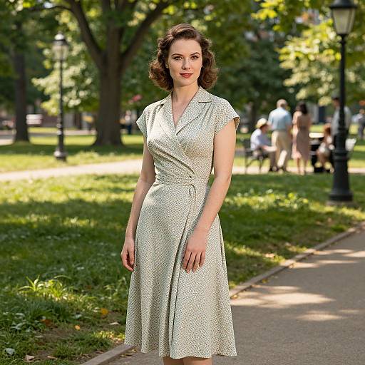 Photograph of a fair-skinned woman with wavy brown hair, wearing a white polka dot dress, standing on a sunlit park path with