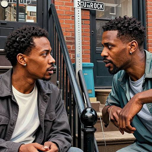 Photograph of two Black men with curly hair, intense expressions, sitting on steps, wearing casual jackets, facing each other, brick building background.