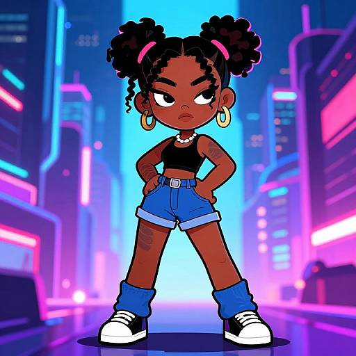Digital cartoon of a confident, dark-skinned girl with afro puffs, gold hoop earrings, black tank top, blue shorts, and white sneakers